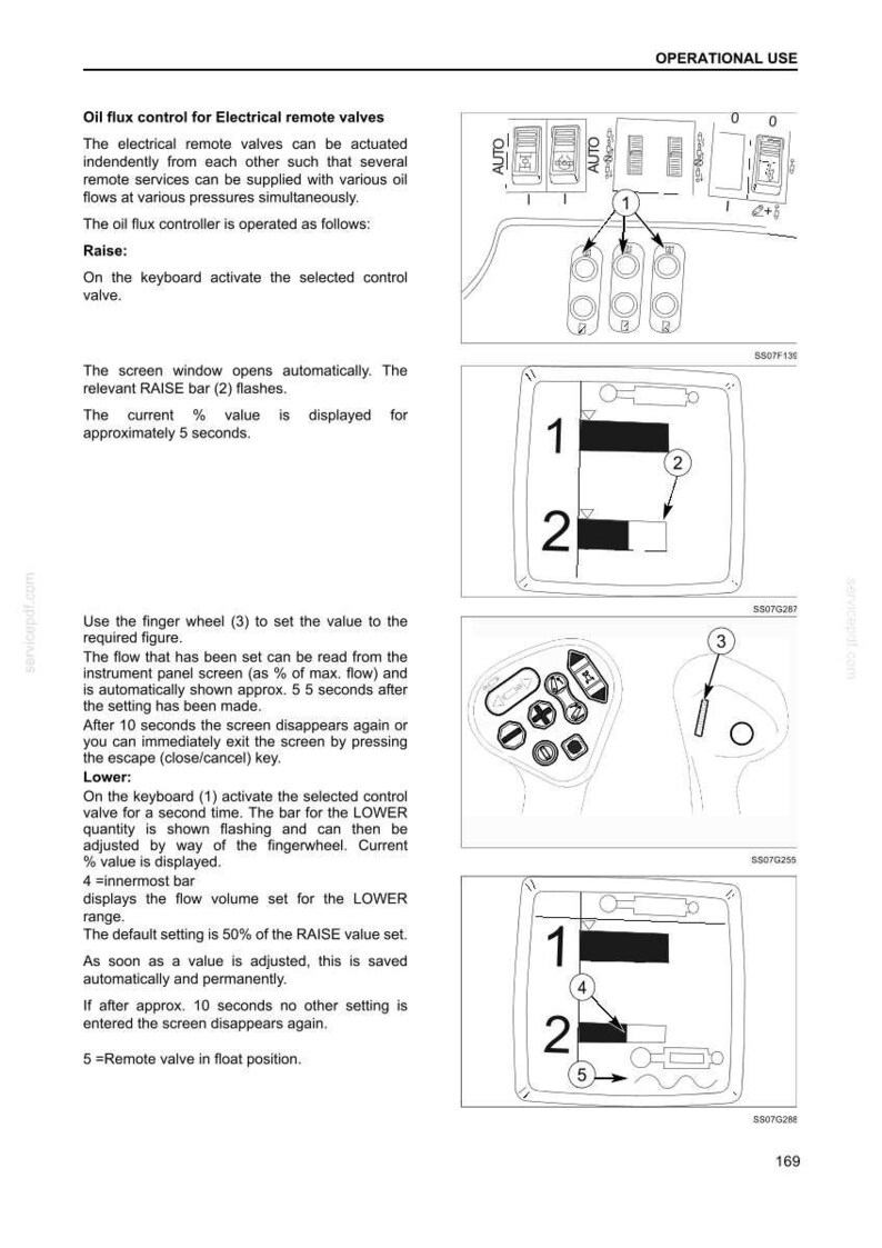 May include: A technical manual page titled Operational Use detailing oil flux control for electrical remote valves. It features diagrams of control panels, digital screens with numerical indicators, and a finger wheel controller with numbered labels.