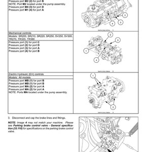 Puede incluir: Diagrama de componentes de bomba y motor de accionamiento hidrost&aacute;tico con identificaci&oacute;n de puertos de prueba para las v&aacute;lvulas de alivio principales. Incluye modelos de control mec&aacute;nico y electrohidr&aacute;ulico. Etiquetas de texto.