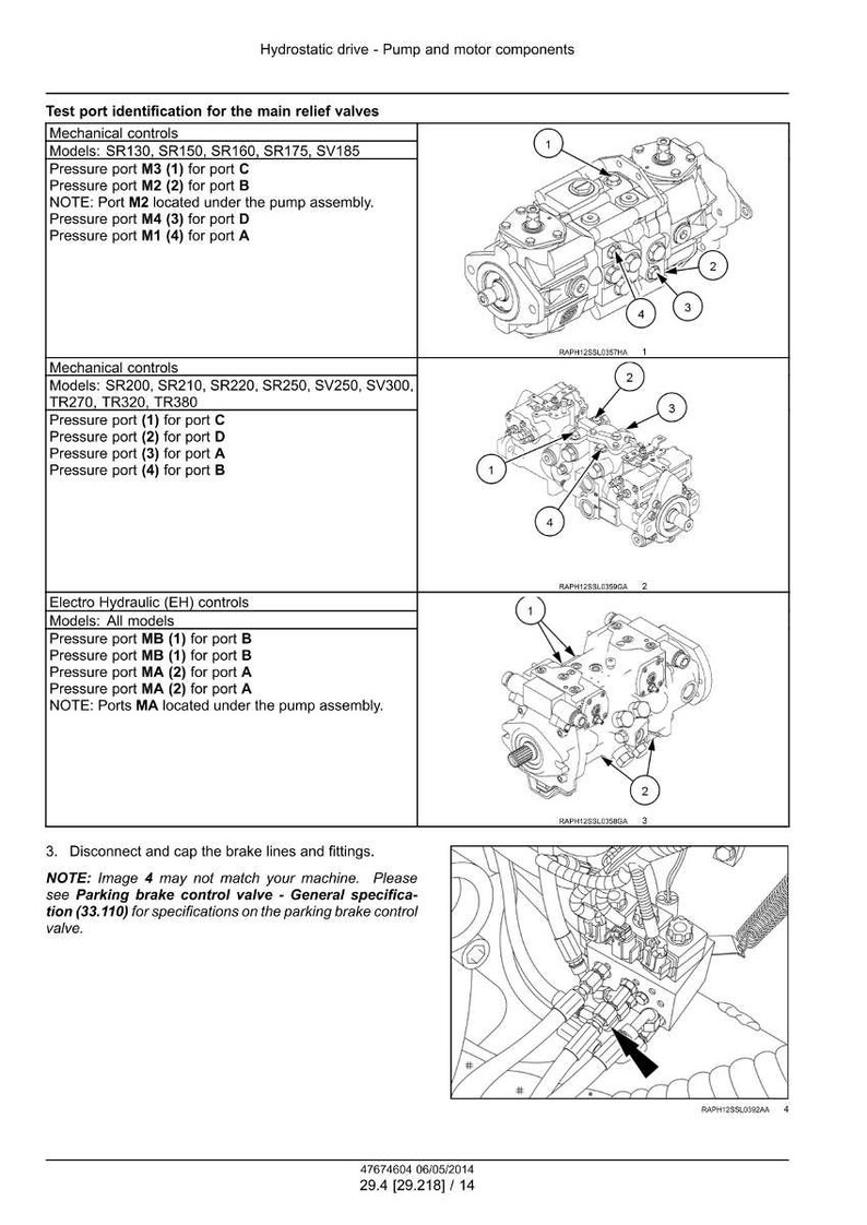 Puede incluir: Diagrama de componentes de bomba y motor de accionamiento hidrost&aacute;tico con identificaci&oacute;n de puertos de prueba para las v&aacute;lvulas de alivio principales. Incluye modelos de control mec&aacute;nico y electrohidr&aacute;ulico. Etiquetas de texto.