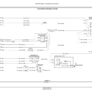 Op de afbeelding: Een gedetailleerd elektrisch schema voor een start-/laadsysteem, met labels en lijnen. Het schema bevat componenten zoals het contactslot, de startmotor en de dynamo. De tekst "STARTING/CHARGING SYSTEM" staat bovenaan.