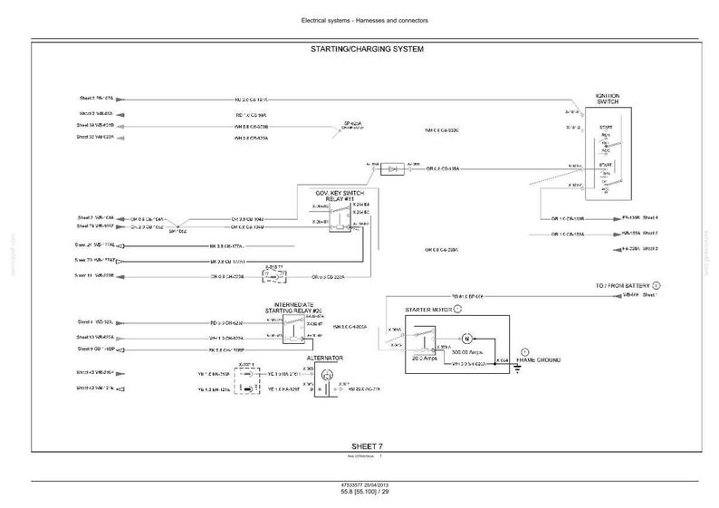 Op de afbeelding: Een gedetailleerd elektrisch schema voor een start-/laadsysteem, met labels en lijnen. Het schema bevat componenten zoals het contactslot, de startmotor en de dynamo. De tekst "STARTING/CHARGING SYSTEM" staat bovenaan.