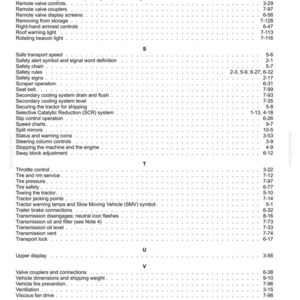 May include: A black and white index page from a technical manual, listing topics alphabetically from R to W, including Radiator and coolers, Safety rules, Throttle control, and Weight bolt torque, with corresponding page numbers on the right side.