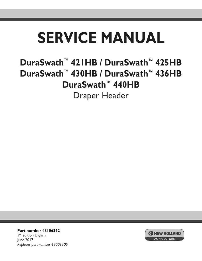 May include: A white service manual cover with black text. The title "SERVICE MANUAL" is at the top. Below are model numbers for DuraSwath Draper Headers. The New Holland Agriculture logo is in the bottom right corner.