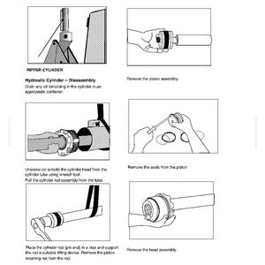 K&ouml;nnte beinhalten: Diagramm zur Demontage eines Ripperzylinders. Das Bild zeigt eine Reihe von Schritten, darunter das Entfernen der Kolbenbaugruppe, der Dichtungen und der Kopfbaugruppe. Der Text enth&auml;lt Anweisungen und das New Holland Construction-Logo.