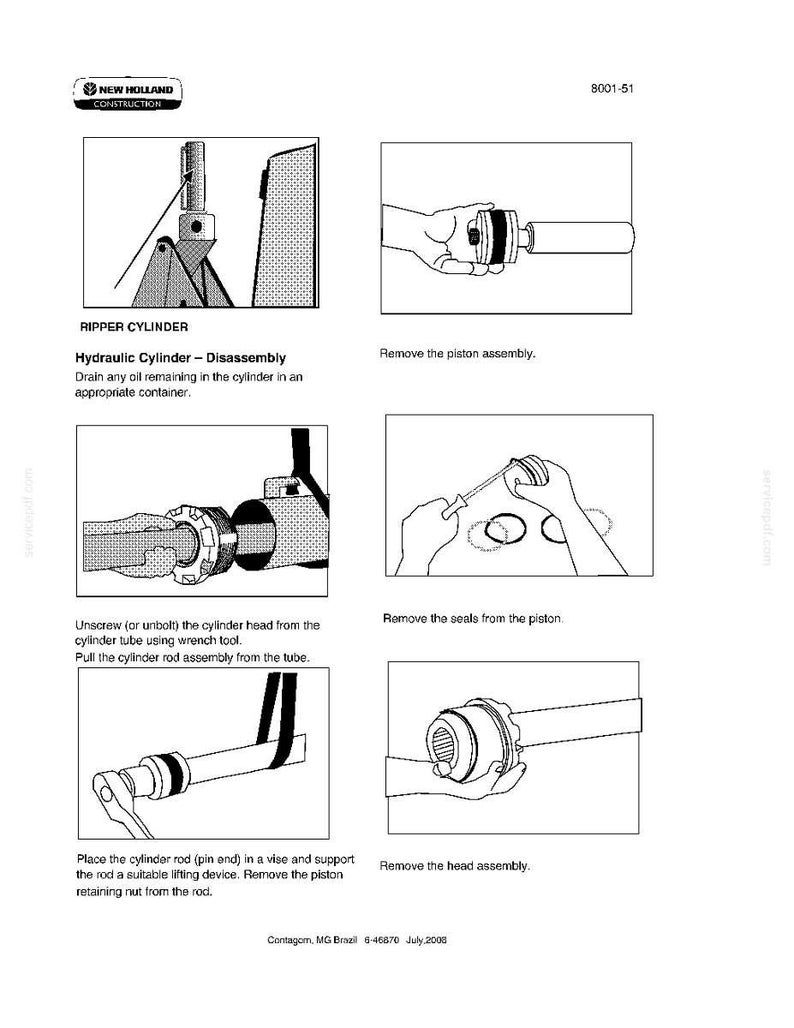K&ouml;nnte beinhalten: Diagramm zur Demontage eines Ripperzylinders. Das Bild zeigt eine Reihe von Schritten, darunter das Entfernen der Kolbenbaugruppe, der Dichtungen und der Kopfbaugruppe. Der Text enth&auml;lt Anweisungen und das New Holland Construction-Logo.