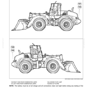 May include: A technical line drawing of a wheel loader showing two side views. Labels 100, 101, 102, and 103 identify the right hand rear combination lamps, left hand rear combination lamps, license plate lamp, and back up alarm. Text includes LIGHTS - 04 AND BACK UP ALARM.