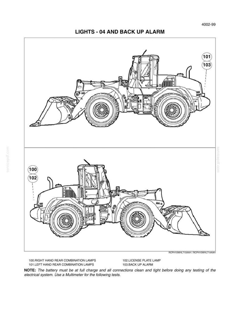 May include: A technical line drawing of a wheel loader showing two side views. Labels 100, 101, 102, and 103 identify the right hand rear combination lamps, left hand rear combination lamps, license plate lamp, and back up alarm. Text includes LIGHTS - 04 AND BACK UP ALARM.