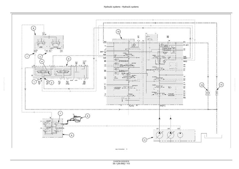 May include: A detailed technical diagram of a hydraulic system, featuring interconnected components, lines, and labels. The diagram is in black and white, with various shapes and symbols representing different parts of the system.