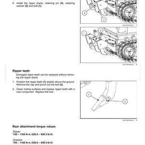 May include: Diagrams illustrating the maintenance of a ripper, including steps for removing and installing parts. The image shows close-ups of the ripper assembly with numbered components and torque values.