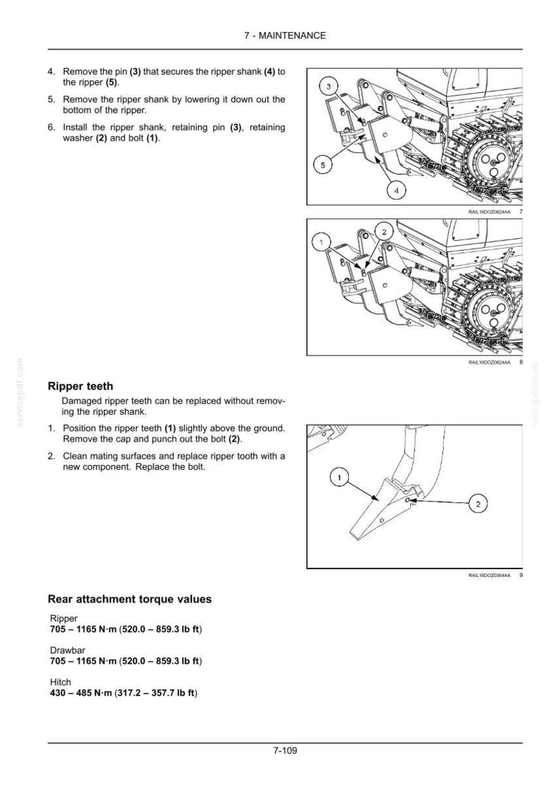 May include: Diagrams illustrating the maintenance of a ripper, including steps for removing and installing parts. The image shows close-ups of the ripper assembly with numbered components and torque values.