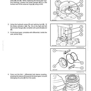 Pu&ograve; includere: Schema tecnico di un sistema di assale anteriore con un set di ingranaggi conici e un supporto differenziale. L'immagine presenta illustrazioni dettagliate del processo di installazione, con parti numerate ed etichette. Il testo in alto recita: Sistema assale anteriore - Set di ingranaggi conici e differenziale.