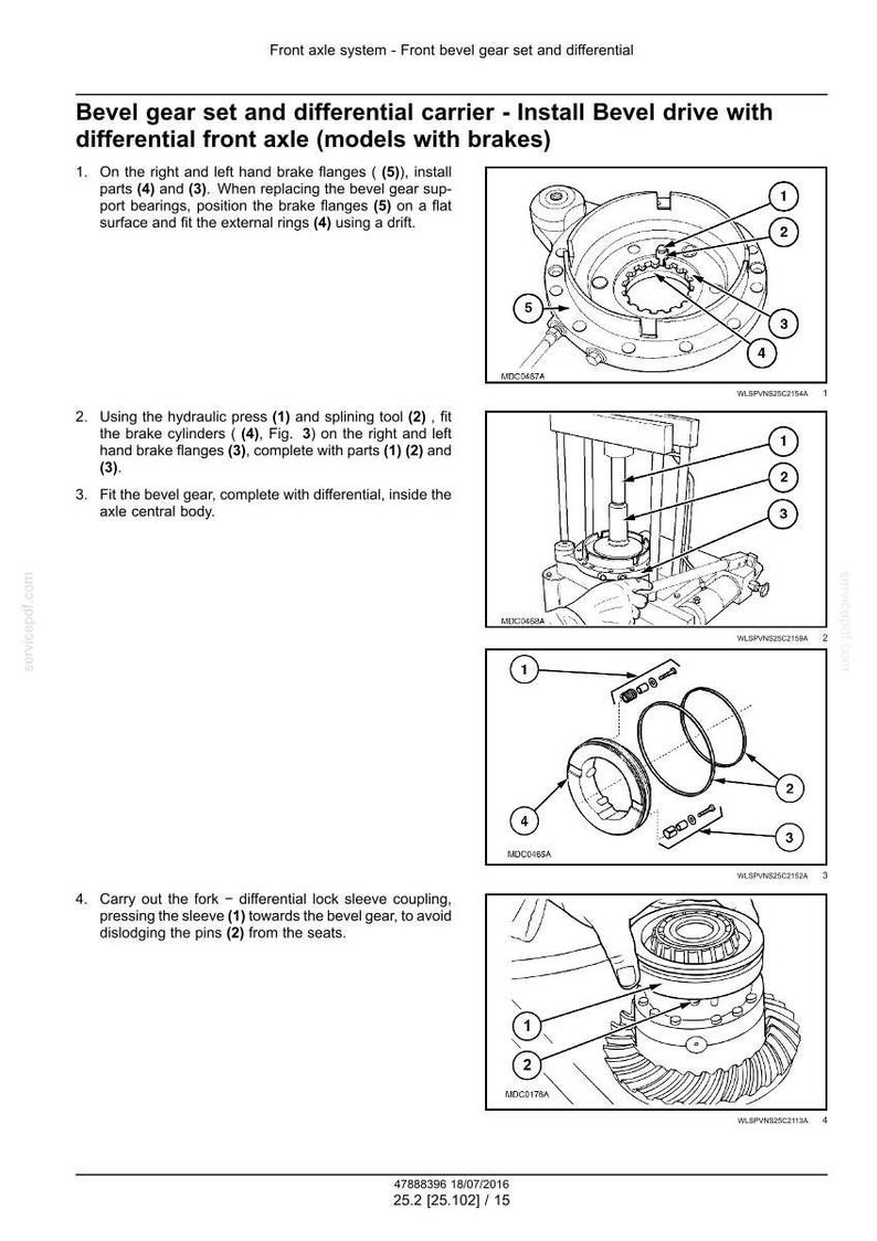 Pu&ograve; includere: Schema tecnico di un sistema di assale anteriore con un set di ingranaggi conici e un supporto differenziale. L'immagine presenta illustrazioni dettagliate del processo di installazione, con parti numerate ed etichette. Il testo in alto recita: Sistema assale anteriore - Set di ingranaggi conici e differenziale.