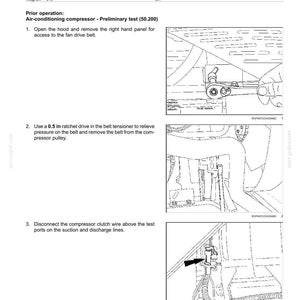 May include: Diagram of air conditioning compressor removal instructions. Includes illustrations and steps for removing the compressor clutch wire, belt, and right-hand panel. Text includes "Air-conditioning compressor - Remove".