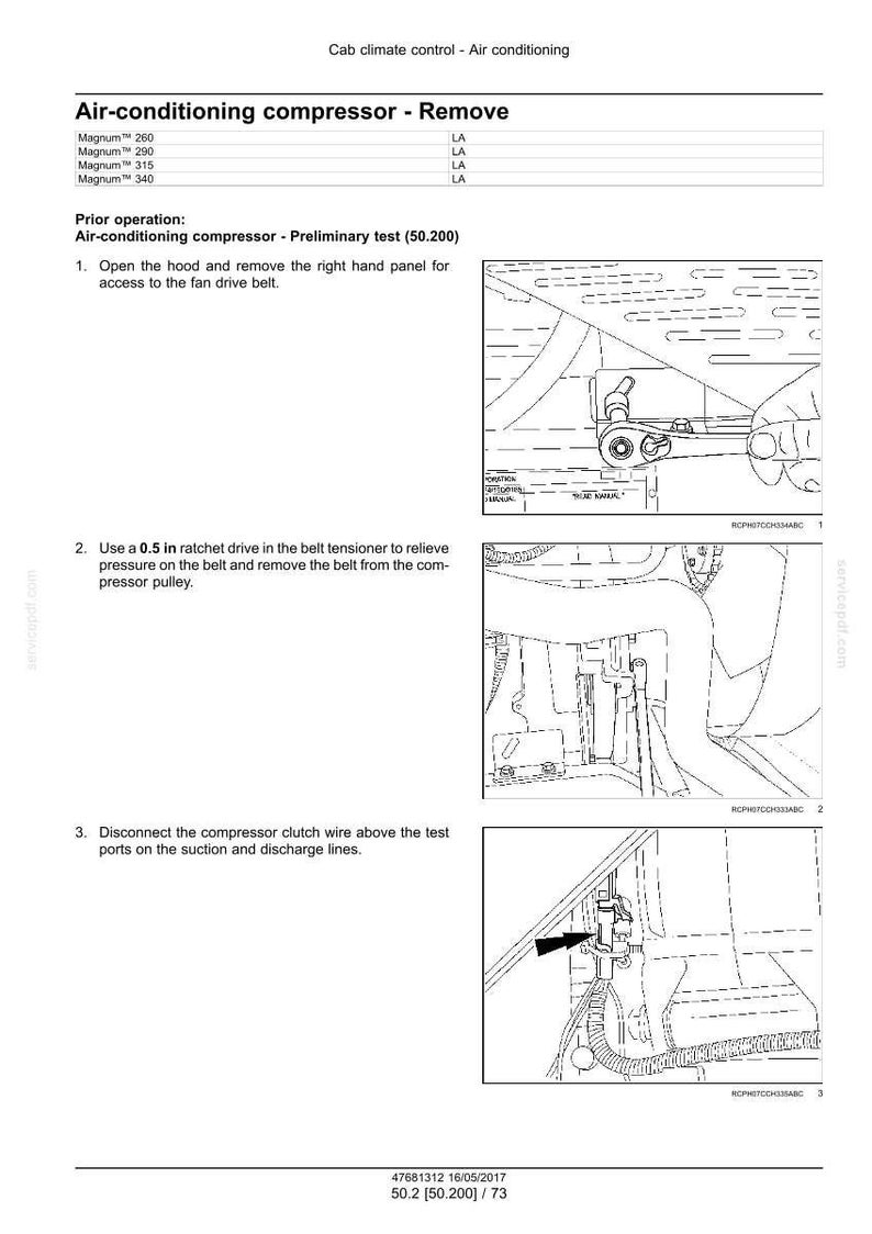 May include: Diagram of air conditioning compressor removal instructions. Includes illustrations and steps for removing the compressor clutch wire, belt, and right-hand panel. Text includes "Air-conditioning compressor - Remove".