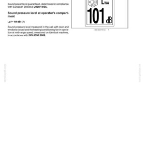 May include: A white document with the heading "2 - SAFETY INFORMATION" and text detailing noise emission levels. A graphic shows a sound level of 101 dB. The document includes information about sound power and pressure levels.