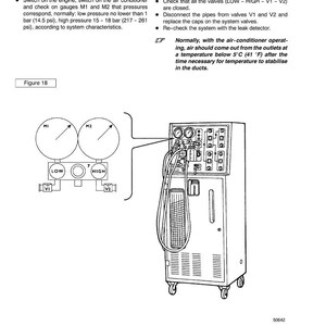 May include: Diagram of an air conditioning system with gauges, valves, and text instructions. The text includes checking system pressures and operations prior to removing the station from the system. The image is from a manual.