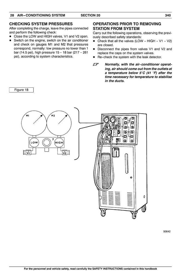 May include: Diagram of an air conditioning system with gauges, valves, and text instructions. The text includes checking system pressures and operations prior to removing the station from the system. The image is from a manual.