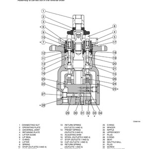 K&ouml;nnte beinhalten: Querschnittsdiagramm einer mechanischen Komponente mit nummerierten Teilen und Beschriftungen. Enth&auml;lt eine Anschlussmutter, eine Betriebsplatte, ein Universalgelenk und verschiedene Federn und Dichtungen. Der Text oben lautet "HINWEIS: Die mit einem Sternchen gekennzeichneten Teile m&uuml;ssen ersetzt werden."