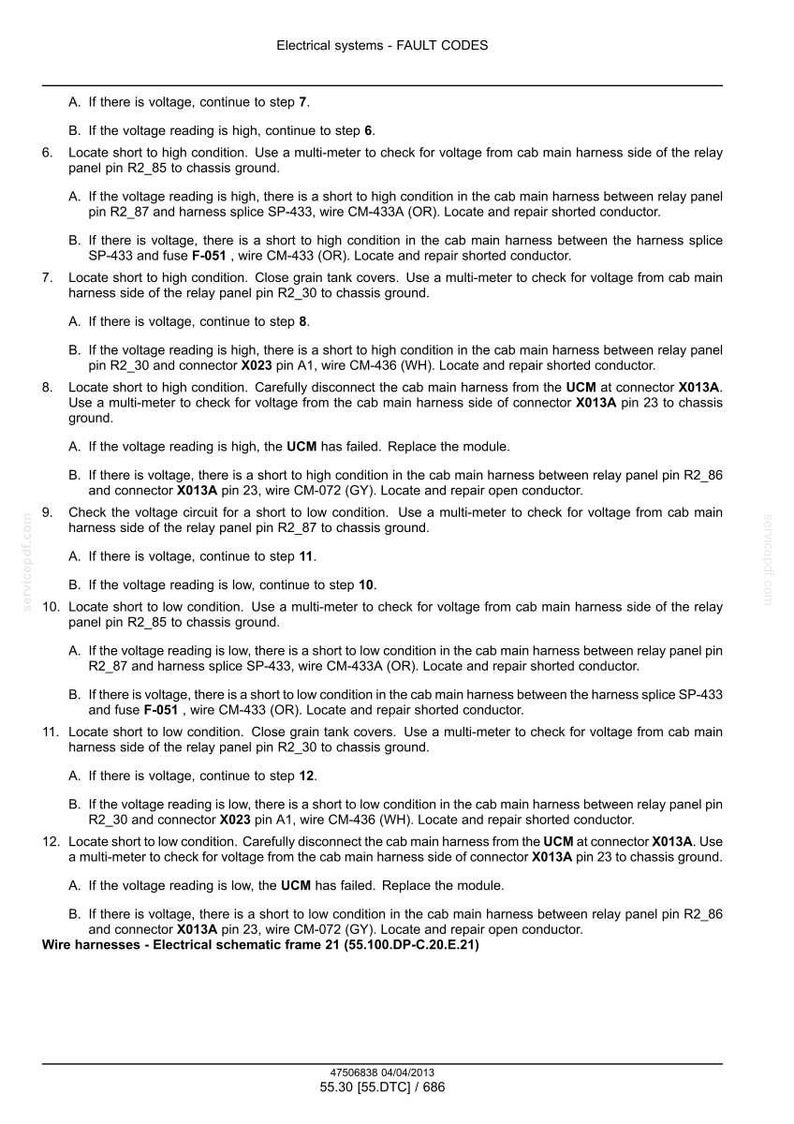 May include: A detailed diagram titled "Electrical systems - FAULT CODES" with troubleshooting steps for wire harnesses. Includes instructions for checking voltage and locating shorts, with references to connectors and wires. The document is dated 04/04/2013.