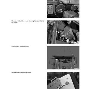 May include: A service manual page with black and white images illustrating vehicle repair steps. Text includes instructions like "Remove the instrument board" and "Suspend the cab on a crane." The images show close-ups of mechanical components and tools.