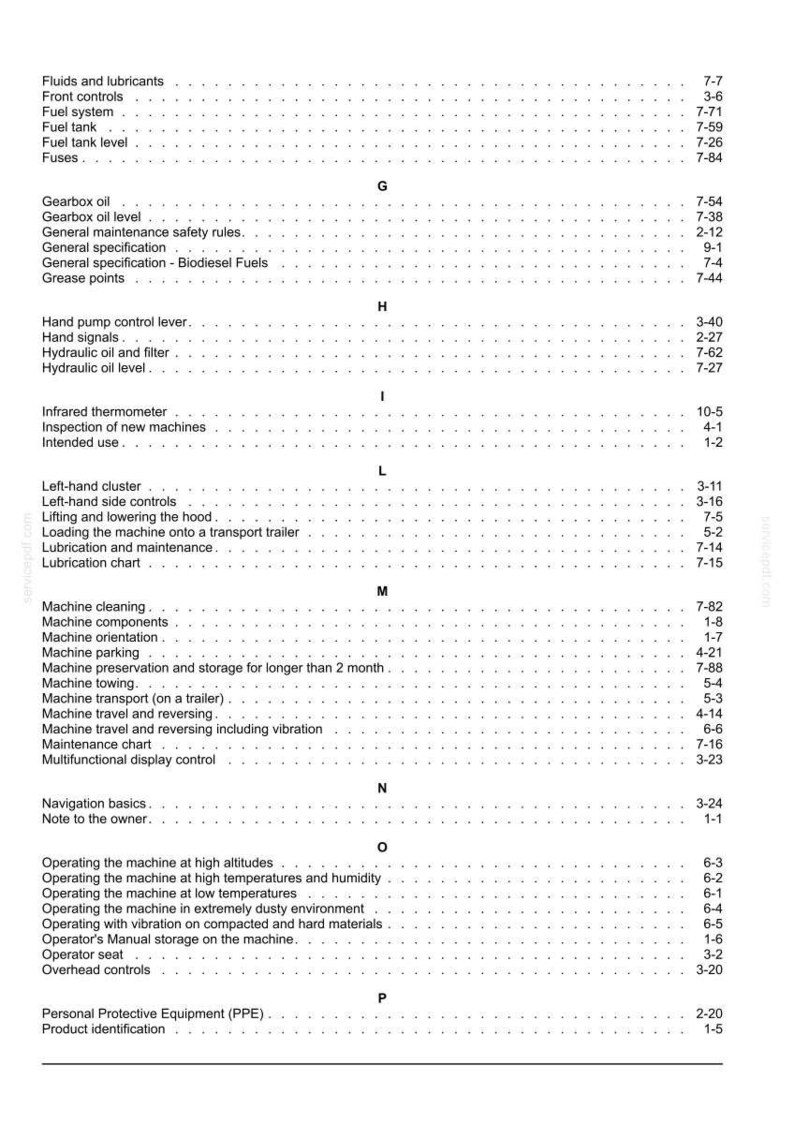 May include: An operator's manual page with a table of contents. The text is black on a white background, listing sections such as "Fluids and lubricants" and "Machine cleaning".