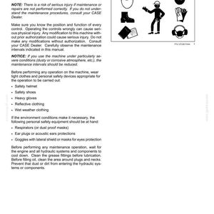 May include: A page from a manual with the title "7 - MAINTENANCE" and safety instructions. The image includes icons of safety equipment such as a helmet, boots, gloves, and ear protection. The text emphasizes the importance of following safety procedures.