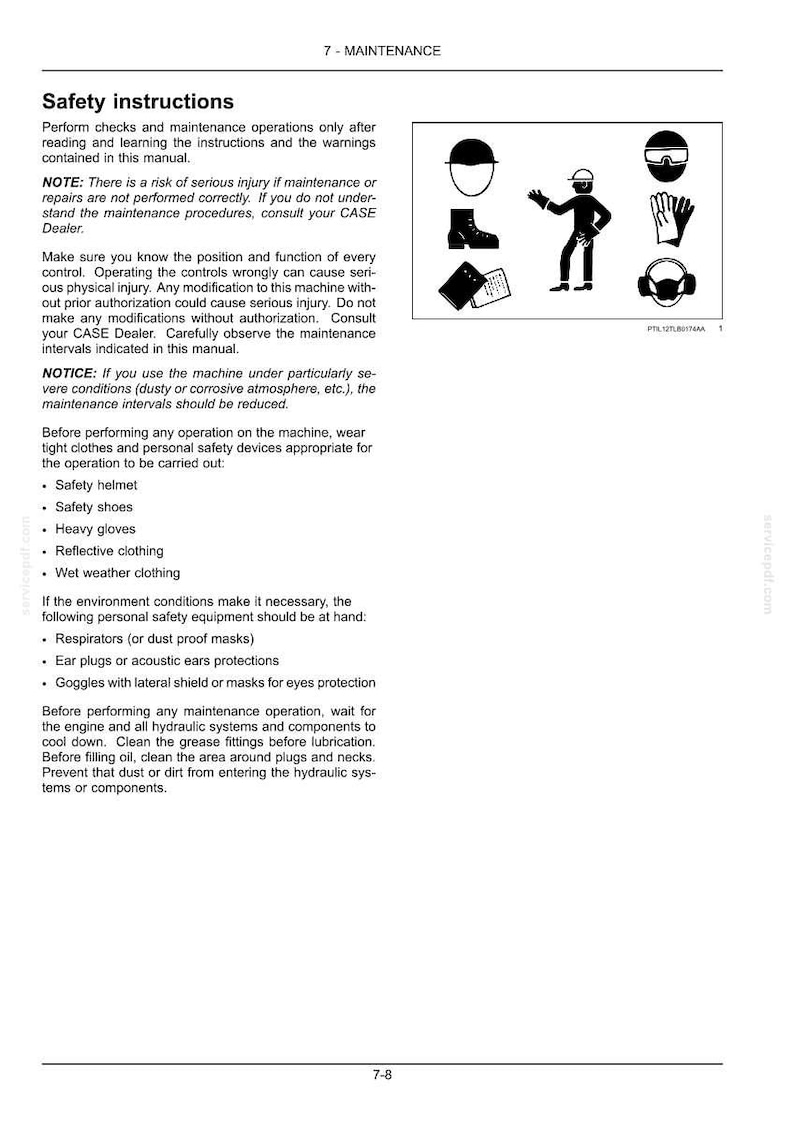 May include: A page from a manual with the title "7 - MAINTENANCE" and safety instructions. The image includes icons of safety equipment such as a helmet, boots, gloves, and ear protection. The text emphasizes the importance of following safety procedures.