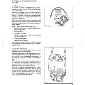Może przedstawiać: Schemat detektora wyciek&oacute;w i stacji odzysku/ładowania czynnika chłodniczego. Tekst brzmi "LEAK TESTING, DISCHARGING AND CHARGING THE AIR CONDITIONING SYSTEM". Detektor wyciek&oacute;w to urządzenie ręczne z sondą. Stacja posiada wskaźniki i koła.