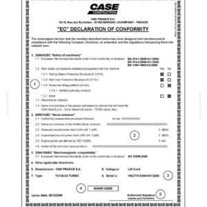 May include: A document titled "EC Declaration of Conformity" from CASE Construction. It details compliance with European Directives for a TX130-33 TURBO lift truck, including safety and noise emission standards. The document is dated December 29, 2009.