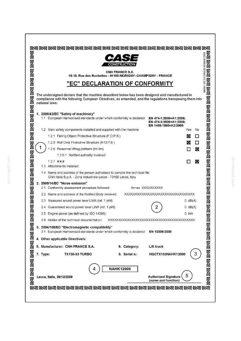 May include: A document titled "EC Declaration of Conformity" from CASE Construction. It details compliance with European Directives for a TX130-33 TURBO lift truck, including safety and noise emission standards. The document is dated December 29, 2009.