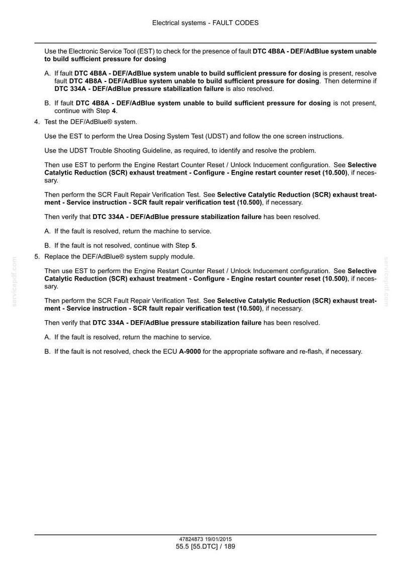 May include: A document titled "Electrical systems - FAULT CODES" with troubleshooting steps for DEF/AdBlue systems. Instructions include using an Electronic Service Tool (EST) to diagnose and resolve issues related to pressure and dosing.
