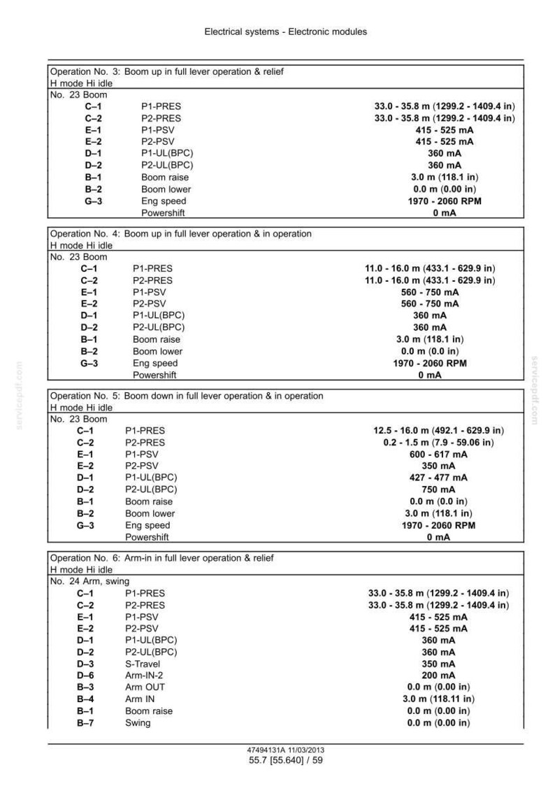 May include: A technical diagram with text detailing electrical systems and electronic modules. The document includes measurements in inches and milliamps, with operation numbers and descriptions for various functions.