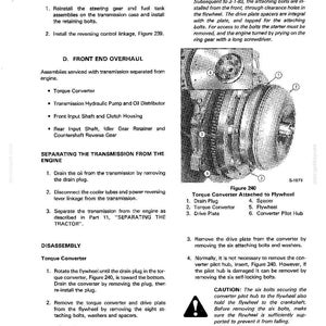 Op de afbeelding: Een technische tekening van een koppelomvormer en zijn vliegwiel. De afbeelding toont gelabelde componenten zoals de aftapplug, koppelomvormer, aandrijfplaat, afstandhouder, vliegwiel en converter-pilootnaaf.