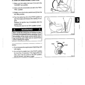 May include: A black and white technical manual page titled BASIC MACHINE OPERATION, section 3.2, detailing engine start-up procedures. It includes diagrams of a safety lock lever, control levers, and an ignition key switch with labels.