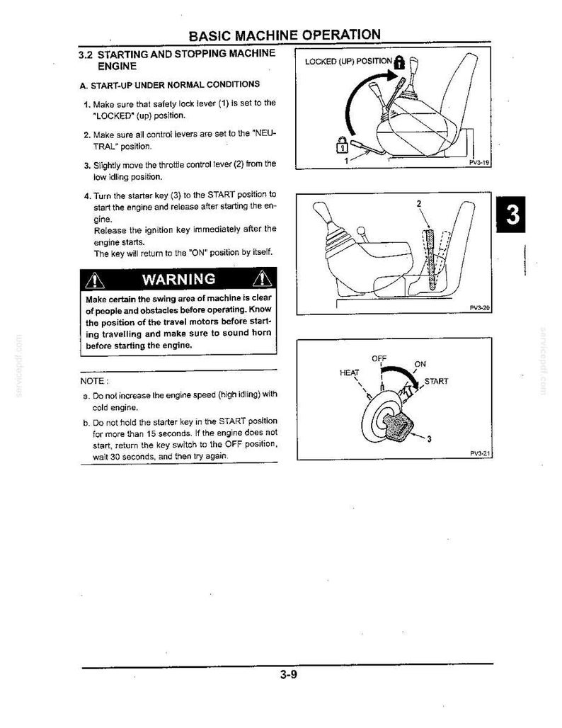 May include: A black and white technical manual page titled BASIC MACHINE OPERATION, section 3.2, detailing engine start-up procedures. It includes diagrams of a safety lock lever, control levers, and an ignition key switch with labels.