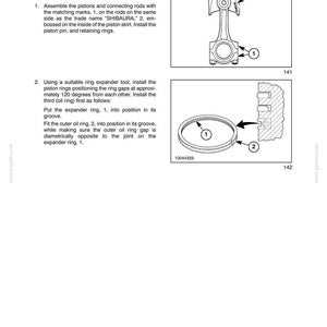May include: Diagram of engine components, including pistons, rings, and connecting rods. The image includes labeled illustrations of assembly steps, with text describing the process. The text includes the section title, "SECTION 10 - ENGINE - CHAPTER 1".