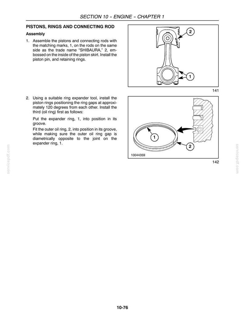 May include: Diagram of engine components, including pistons, rings, and connecting rods. The image includes labeled illustrations of assembly steps, with text describing the process. The text includes the section title, "SECTION 10 - ENGINE - CHAPTER 1".