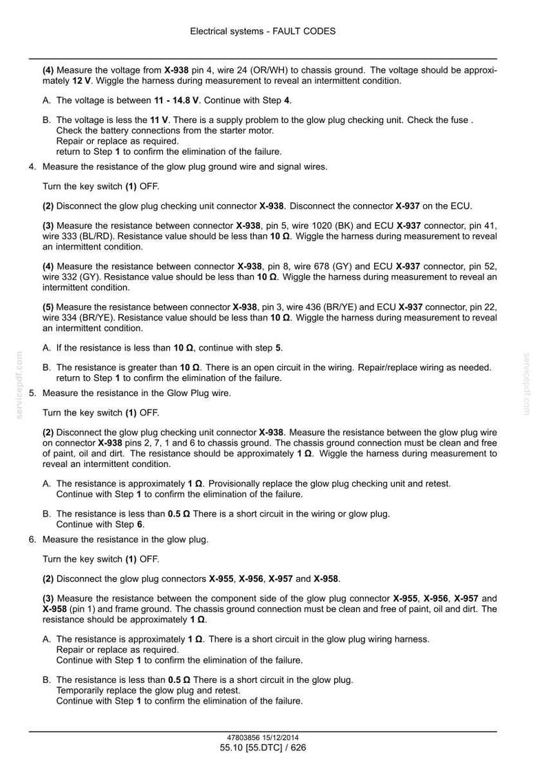 May include: A page from a manual detailing electrical system fault codes. Instructions include measuring voltage and resistance, with specific connector and wire numbers. Text includes "Electrical systems - FAULT CODES".