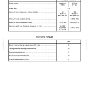 May include: Technical data sheet for an electrical system, detailing specifications for starter motors, including power, current, and dimensions. Includes tightening torques for various components, with measurements in Nm.