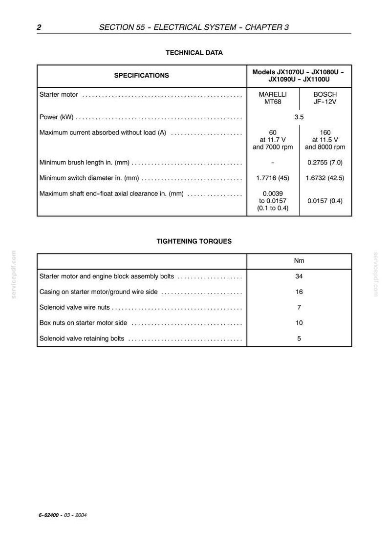 May include: Technical data sheet for an electrical system, detailing specifications for starter motors, including power, current, and dimensions. Includes tightening torques for various components, with measurements in Nm.
