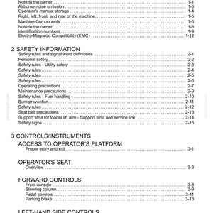 Op de afbeelding: Een witte documentpagina met de titel "Inhoud" met een lijst met onderwerpen en paginanummers. Secties omvatten Algemene informatie, Veiligheidsinformatie en Bediening/Instrumenten. Het document is voor een machine.
