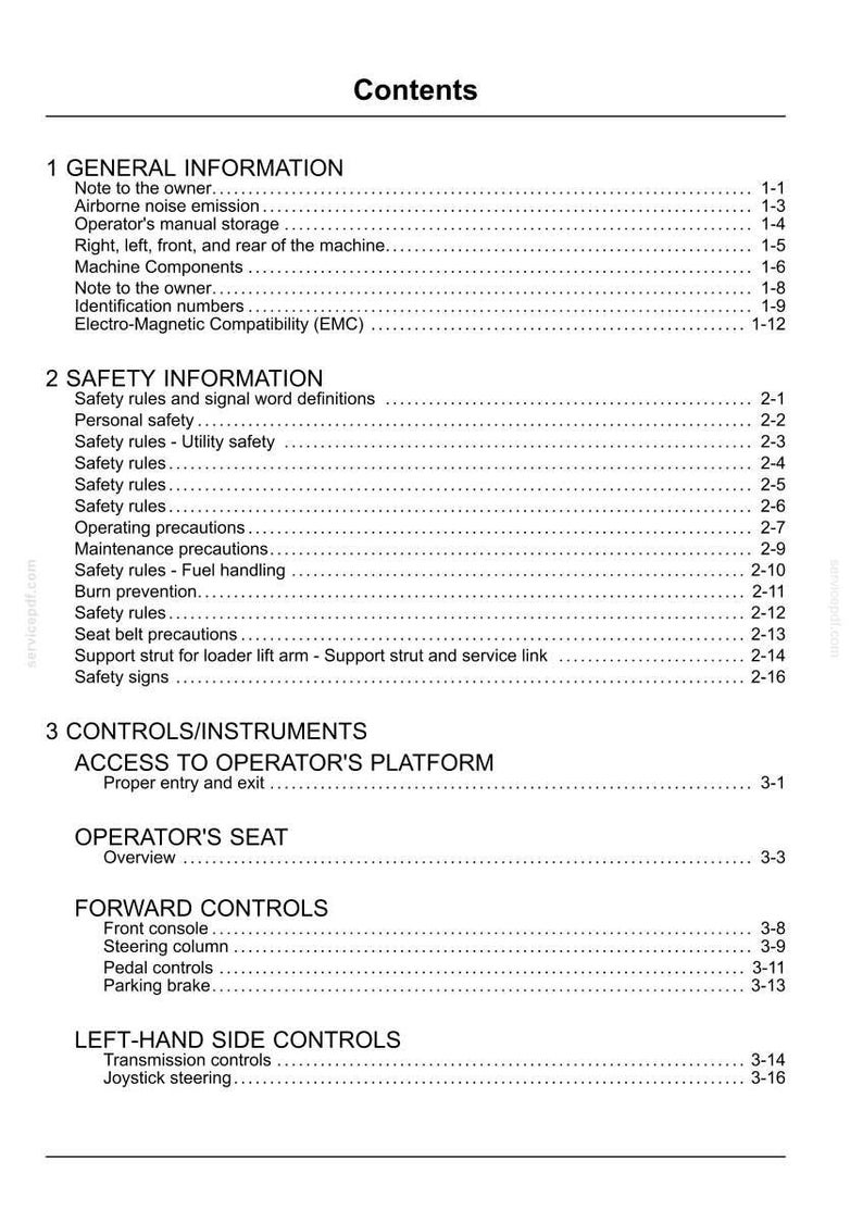 Op de afbeelding: Een witte documentpagina met de titel "Inhoud" met een lijst met onderwerpen en paginanummers. Secties omvatten Algemene informatie, Veiligheidsinformatie en Bediening/Instrumenten. Het document is voor een machine.