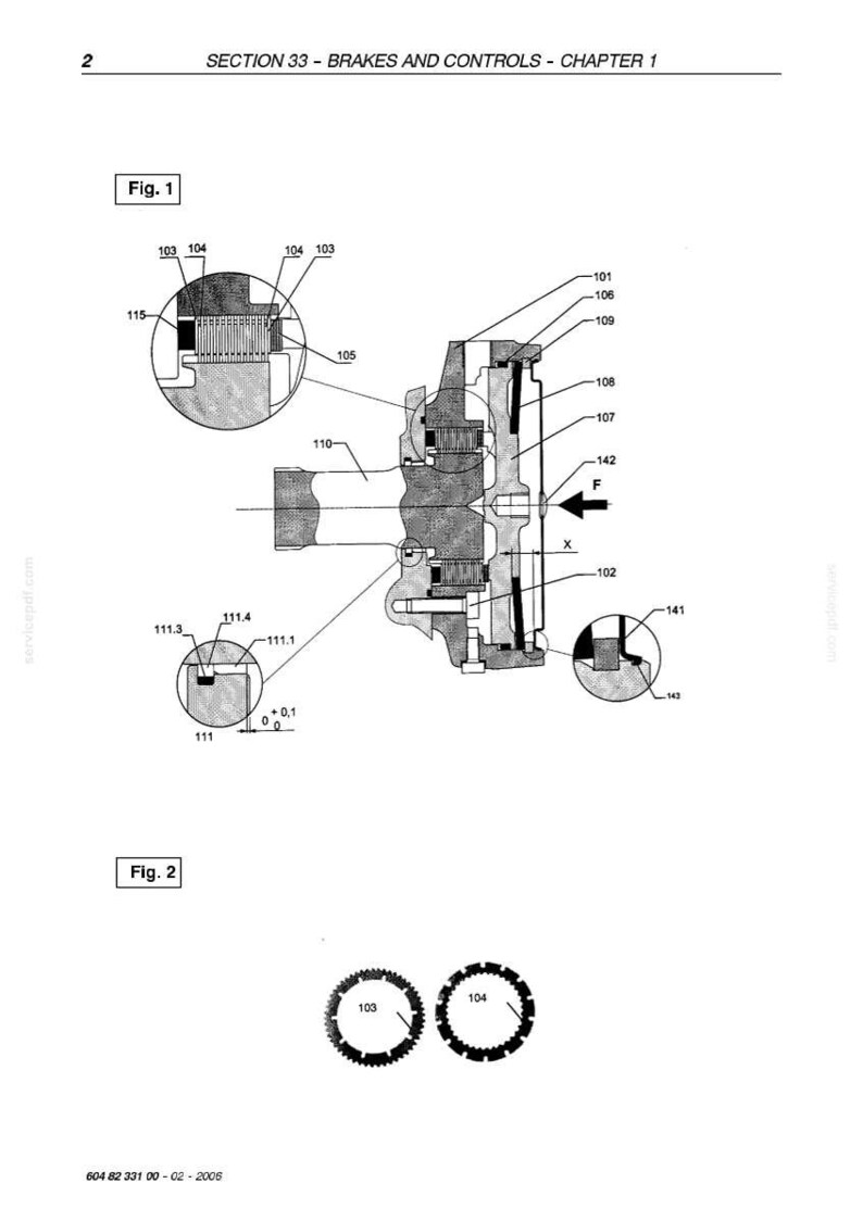 May include: Technical diagram of brake components, including gears, a central hub, and various mechanical parts. The diagram is labeled with numbers and includes close-up views for detail. The text "SECTION 33 - BRAKES AND CONTROLS - CHAPTER 1" is visible.