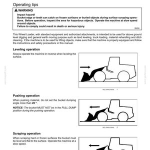 May include: A page from a manual detailing wheel loader operations. It includes operating tips, warnings about impact hazards, and instructions for leveling, pushing, and scraping operations. Diagrams illustrate each procedure.
