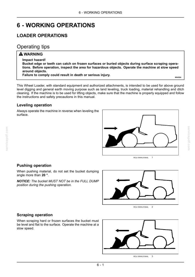 May include: A page from a manual detailing wheel loader operations. It includes operating tips, warnings about impact hazards, and instructions for leveling, pushing, and scraping operations. Diagrams illustrate each procedure.