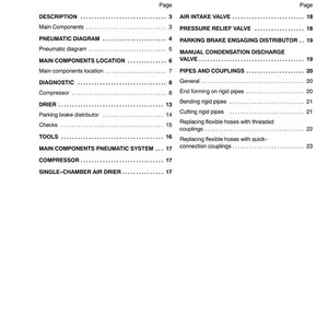 May include: A page from a manual titled "PNEUMATIC SYSTEM 1" with a table of contents. The table lists topics like "DESCRIPTION", "DIAGNOSTIC", and "TOOLS". The text is black on a white background.