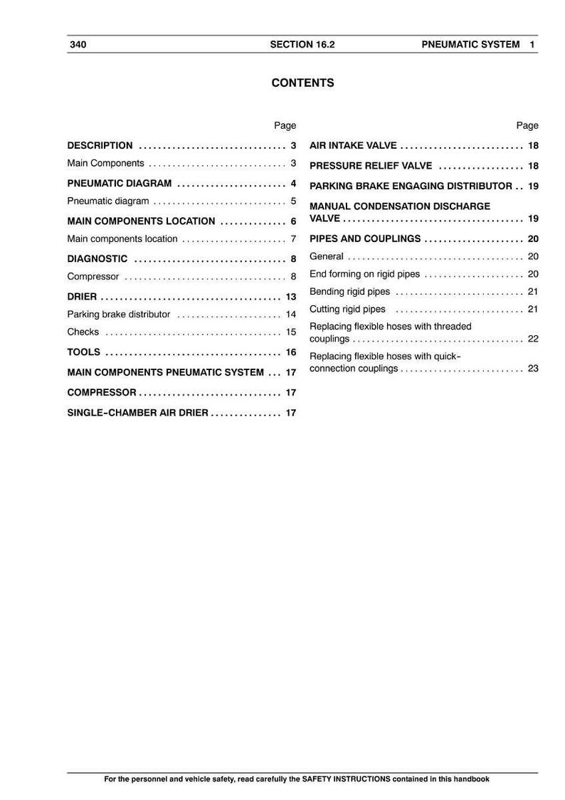 May include: A page from a manual titled "PNEUMATIC SYSTEM 1" with a table of contents. The table lists topics like "DESCRIPTION", "DIAGNOSTIC", and "TOOLS". The text is black on a white background.