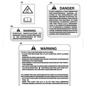 K&ouml;nnte beinhalten: Eine Seite eines technischen Dokuments mit dem Titel LIST OF SAFETY DECALS Group B - Warning decals, die vier verschiedene Sicherheitsetiketten mit den Bezeichnungen 1B, 2B, 3B und 4B enth&auml;lt. Jedes Etikett zeigt schwarzen Text und Warnsymbole.