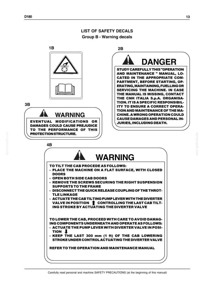 K&ouml;nnte beinhalten: Eine Seite eines technischen Dokuments mit dem Titel LIST OF SAFETY DECALS Group B - Warning decals, die vier verschiedene Sicherheitsetiketten mit den Bezeichnungen 1B, 2B, 3B und 4B enth&auml;lt. Jedes Etikett zeigt schwarzen Text und Warnsymbole.