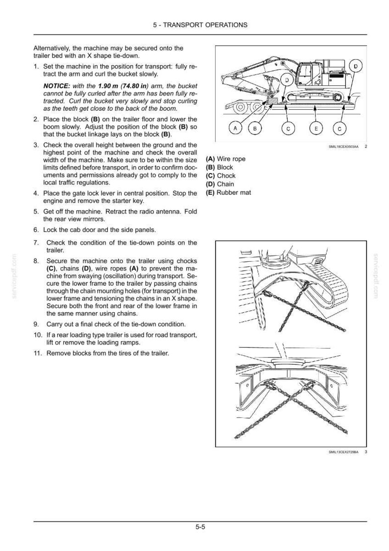 May include: Diagram illustrating transport operations for heavy machinery. The image shows an excavator secured to a trailer with chains, wire ropes, and chocks. Instructions detail securing the machine, including the use of blocks and rubber mats.